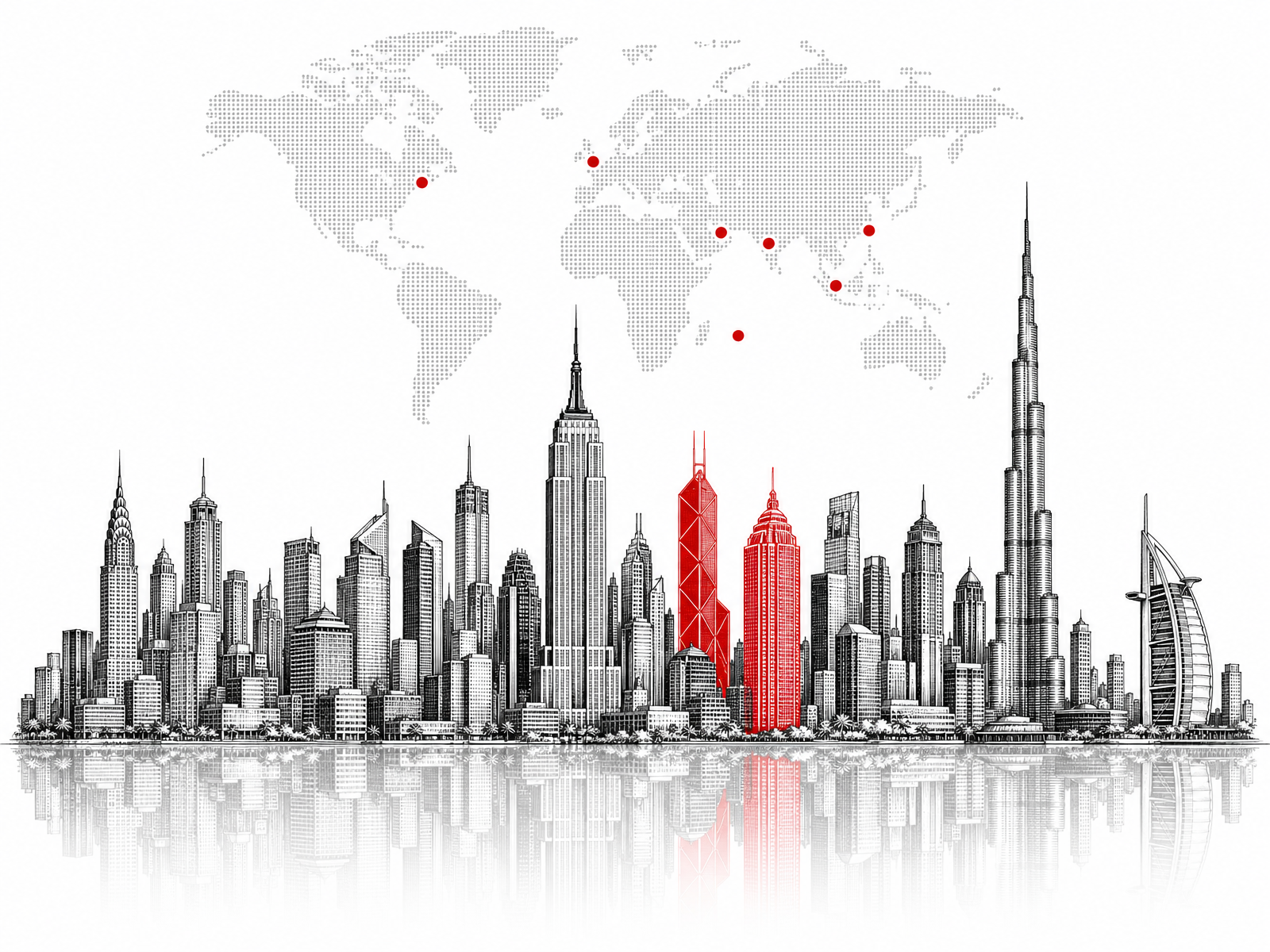 Global financial hubs skyline with mapped jurisdictions